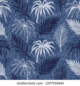 Denim Floral Seamless Pattern with Tropical Palm Tree Leaves. Vector Background with Hand Drawn Doodle Palm Leaf Sketch Drawing. Blue Jeans Cloth Texture with Flowers and Leaves