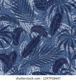 Denim Floral Seamless Pattern with Tropical Palm Tree Leaves. Vector Background with Hand Drawn Doodle Palm Leaf Sketch Drawing. Blue Jeans Cloth Texture with Flowers and Leaves