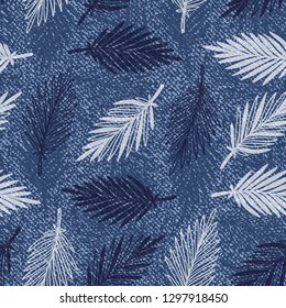 Denim Floral Seamless Pattern with Tropical Palm Tree Leaves. Vector Background with Hand Drawn Doodle Palm Leaf Sketch Drawing. Blue Jeans Cloth Texture with Flowers and Leaves