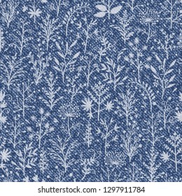 Denim Floral Seamless Pattern. Vector Background with Doodle Branches, Leaves, Flowers and Berries. Blue Jeans Cloth Texture with Wildflowers and Grass.