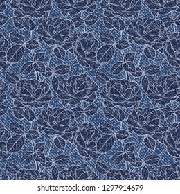 Denim Floral Seamless Pattern. Vector Background with Hand drawn Branches of Rose Flower outline Sketch. Blue Jeans Cloth Texture with Flowers and Leaves