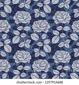 Denim Floral Seamless Pattern. Vector Background with Hand drawn Branches of Rose Flower outline Sketch. Blue Jeans Cloth Texture with Flowers and Leaves