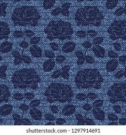 Denim Floral Seamless Pattern. Vector Background with Hand drawn Branches of Rose Flower outline Sketch. Blue Jeans Cloth Texture with Flowers and Leaves