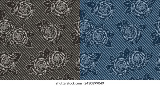 Patrones sin costuras florales de mezclilla con flores de rosas en textura de vaqueros azul, gris. Ilustración negativa invertida monocromática en estilo grabado