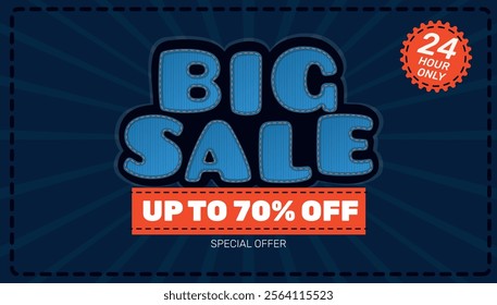 Denim font big sale poster. Jeans letters discount banner. Textile patches. Clothing seam stitches on fabric background. Shopping marketing. Offer percent. Vector