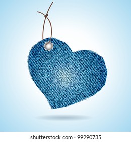 Denim gift tag on blue background. Vector illustration