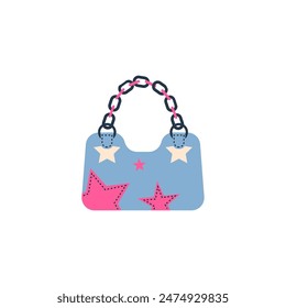 Denim handbag with chain decorated with stars. Cartoon female bag Y2K style fashion design. Vector illustration isolated on white. Glamour POP 00s stylish girly accessory, blue clutch