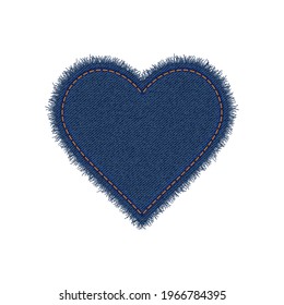 Denim heart shape with seam. Torn jean patch with stitches. Vector realistic illustration on white background.