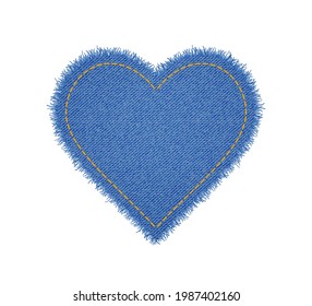 Denim heart shape with seam. Torn jean patch with stitches. Vector realistic illustration on white background.