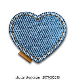 Denim heart shape with stitches. Jeans patch with seam. Vector realistic illustration on white background.