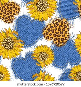 
Denim hearts made of fabric with torn edges and leopard sunflowers. Abstract seamless pattern. Vector illustration on a white background.   