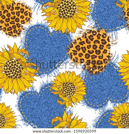 
Denim hearts made of fabric with torn edges and leopard sunflowers. Abstract seamless pattern. Vector illustration on a white background.   