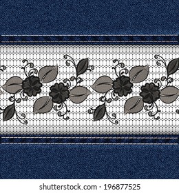 Denim horizontal background with black lace ribbon. Vector illustration.