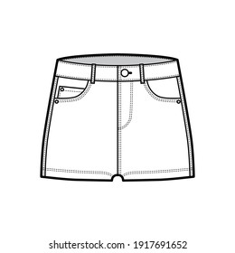 Denim hot short pants technical fashion illustration with micro length, low waist, low rise, 5 pockets. Flat bottom apparel template front, white color style. Women, men, unisex CAD mockup