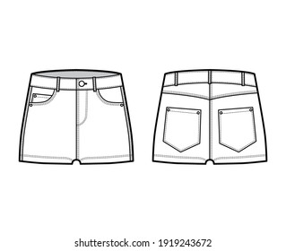 Denim hot short pants technical fashion illustration with micro length, low waist, low rise, 5 pockets. Flat bottom apparel template front, back, white color style. Women, men, unisex CAD mockup
