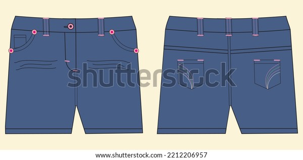 Denim hot short pants technical fashion\
illustration with micro length, low waist, low rise, 5 pockets.\
Flat bottom apparel template front, back, white grey color style.\
Women, men, unisex CAD\
mockup
