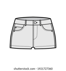 Denim hot short technical fashion illustration with micro length, curved, coin, angled 5 pockets, low rise waist. Flat bottom apparel template front, grey color style. Women, men, unisex CAD mockup