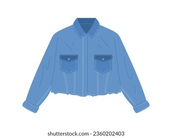Denim jacket concept. Fashion, trend and style. Spring and summer clothes and outfit element. Template, layout and mock up. Cartoon flat vector illustration isolated on white background