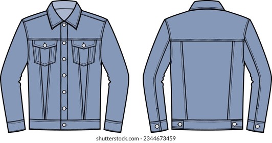 Männerjean-Jacke. Vorn und hinten. Fashion CAD. Vektorgrafik.