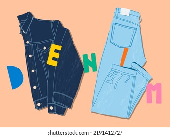 Jeans, Jeans und ein echter, flacher Laienstil. Trendy top-down-View Illustration. Herbstdenim-Stil. Moderne minimalistische Gruppe von Kleidung Design für Web-Karte, Banner.