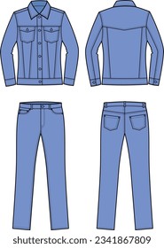 Denim jacket and pants flat sketch. Jeanswear apparel design. Front back. Women CAD mockup. Fashion technical drawing template. Vector illustration.
