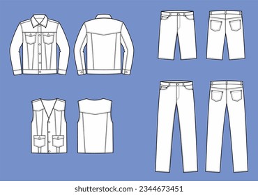 Jeweils Jeansjacke, Hose, Weste, Hosen. Vorn und hinten. Jeanswear. Fashion CAD. Vektorgrafik.