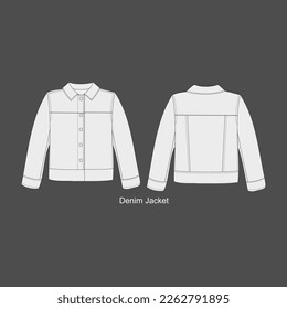 Denim Jacket Set. Storm rider denim jacket technical fashion illustration. Flat apparel front, back, white color. Women, men unisex CAD mockup. Denim Mockup.