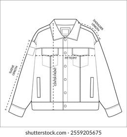 Denim Jacket or a similar casual jacket Flat sketch template. It highlights key measurement points for garment sizing.