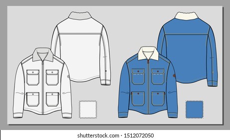 Denim jacket sketch vector draw. Padded jeans jacket mid blue washed. Four pockets winter jacket.