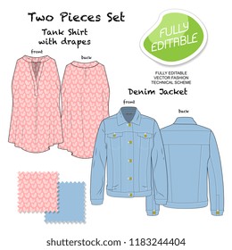 Denim Jacket With Tank Blouse Vector Fashion Sketch