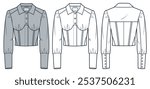 Denim Jacket technical fashion Illustration. Corset Shirt fashion flat technical drawing template, buttons, cuff sleeves, front and back view, white, grey, women CAD mockup set.