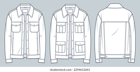 Denim Jacket technische Modelabbildung. Leder Jacket Mode flach technische Zeichnung Vorlage, Übergröße, Knopfverschluss, Taschen, Vorder- und Rückansicht, weiß, Frauen, Männer, unisex CAD Mock-up Set. 