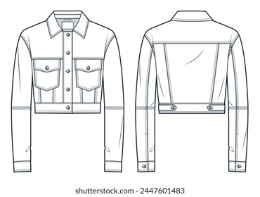 Denim Jacket technical fashion Illustration. Leather Crop Jacket fashion flat technical drawing template, button closure, pockets, relaxed fit, front, back view, white, women, men, unisex CAD mockup.