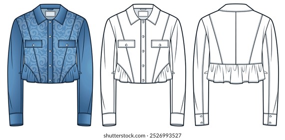 Jaqueta Denim moda técnica Ilustração. Cropped Jacket moda modelo de desenho técnico, botão, bolso, babados, padrão floral, frente de trás, branco, azul, mulheres, homens, unisex CAD mockup set