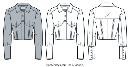 Chaqueta de mezclilla técnica de moda ilustración. Plantilla de dibujo técnico plano de la moda de la camisa del corsé, Botones, mangas del puño, vista delantera y trasera, blanco, gris, conjunto de maquetas CAD de mujeres.