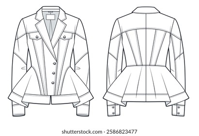 Denim Jacket Technical Fashion Illustration. Peplum Tailored Jacket fashion flat technical drawing template, cuff sleeves, lapel collar, front and back view, white, women CAD mockup.