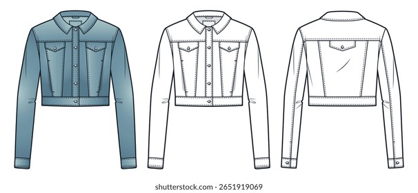 Denim Jacket Technical Fashion Illustration. Cropped Jacket fashion flat technical drawing template, buttons, pockets, front and back view, white, vintage blue, women, men, unisex CAD mockup set.