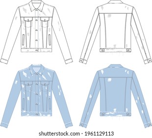 Denim jacket in vector graphic. Woman denim jacket with front pockets, collar, buttons and  distress detailing in light blue wash. Fashion isolated illustration template.Scheme front and back views.