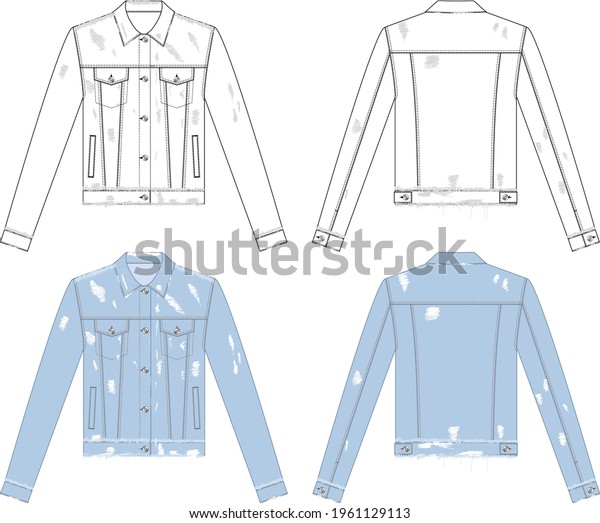 Denim jacket in vector graphic. Woman denim jacket\
with front pockets, collar, buttons and  distress detailing in\
light blue wash. Fashion isolated illustration template.Scheme\
front and back views.