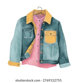 Denim jacket with yellow collar and pocket