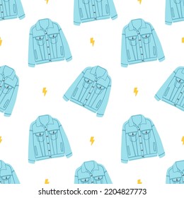 Denim jean jacket seamless pattern. Colored trendy fashion illustration. Hand drawn vector illustration