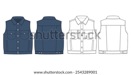  denim jean jacket vest cut off sleeveless slim fit Collared Flat Technical Drawing Illustration Blank Mock-up Template for Design and Tech Packs CAD Technical Sketch Pro Vector