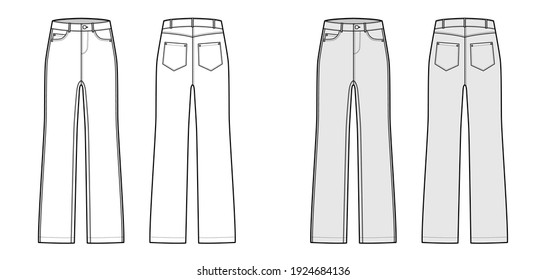 Denim Jean pants, technical fashion illustration with full length and low waist rise, 5 pockets with Rivets and belt loops. Flat bottom apparel template front, back, white, grey color style. Women' CAD mockup