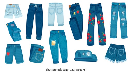 Denim jean pants. Trendy fashion female jeans. Cartoon ripped shorts and trousers with patches and texture. Casual style clothes vector set. Denim pants fashion, casual trousers garment illustration