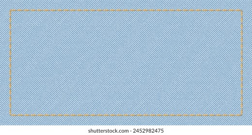 Denim jean textile light wash colors background with gold seams frame vector illustration.