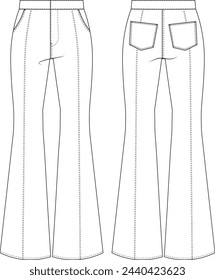 Denim Jean Wide Leg Flared Pocket Detaillierte Mid Rise Mid Waist Hose Vorlage Technische Zeichnung Flach Sketch CAD Mockup Mode Frau Design Stil Modell 