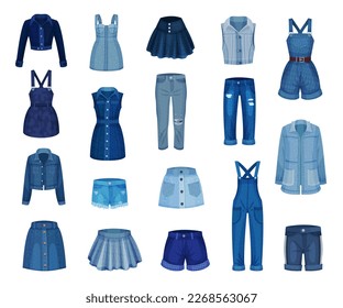 Denim und Jeans Kleidung als weibliches Kleid und Tragen Sie Big Vector Set