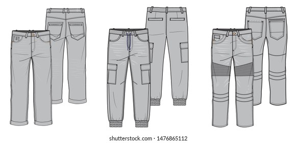 Denim jeans and jogging sketch collection . Fashion flat illustration.