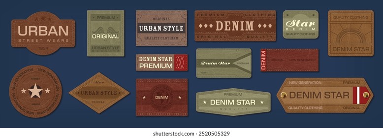 Denim jeans leather labels and patches. Isolated vector set of stylish textured tags for clothing, featuring a variety of shapes and colors, showcase mix of urban and vintage designs and craftsmanship