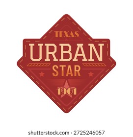 Jeans Leder Patch-Label, Vintage-Tag. Rechtecktasche oder Jacketabzeichen mit Stich. Modebekleidung Emblem mit Text Texas urban star. Brauner alter Handwerksaufkleber für Gepäck und Kleidung